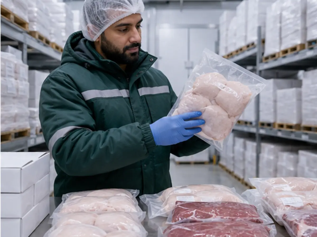 B2B buyer inspecting packaged frozen chicken and meat